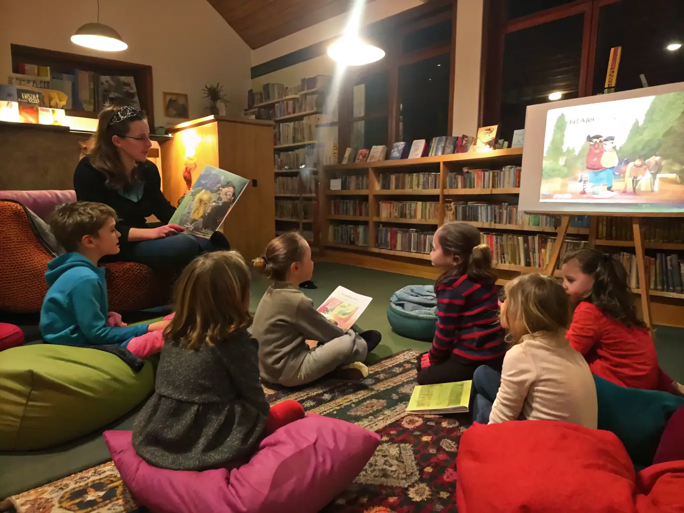 A vibrant photo of children participating in a storytelling session at the VIVRE-VALOUX library, showcasing their engagement and enjoyment.