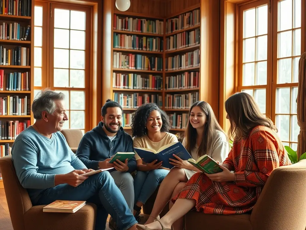 A photograph of adults participating in a book club discussion at the VIVRE-VALOUX library, highlighting the intellectual and social engagement.